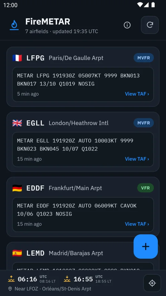 FireMETAR airfield list with METARs, flight categories, sunrise and sunset