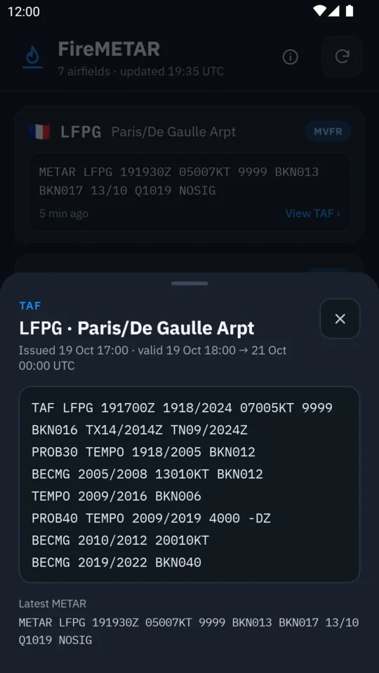 TAF for Paris-Charles de Gaulle shown one change group per line