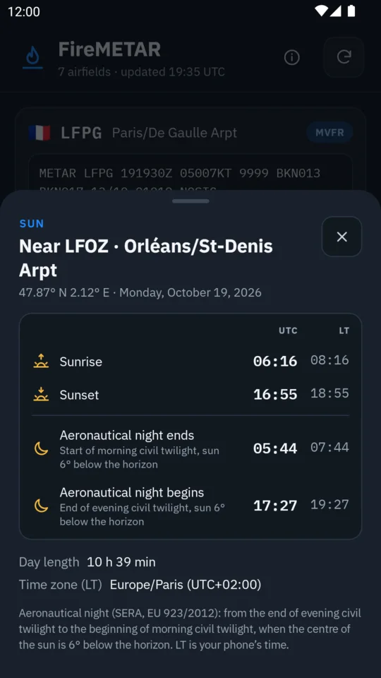 Sun sheet with sunrise, sunset, day length and the start and end of aeronautical night