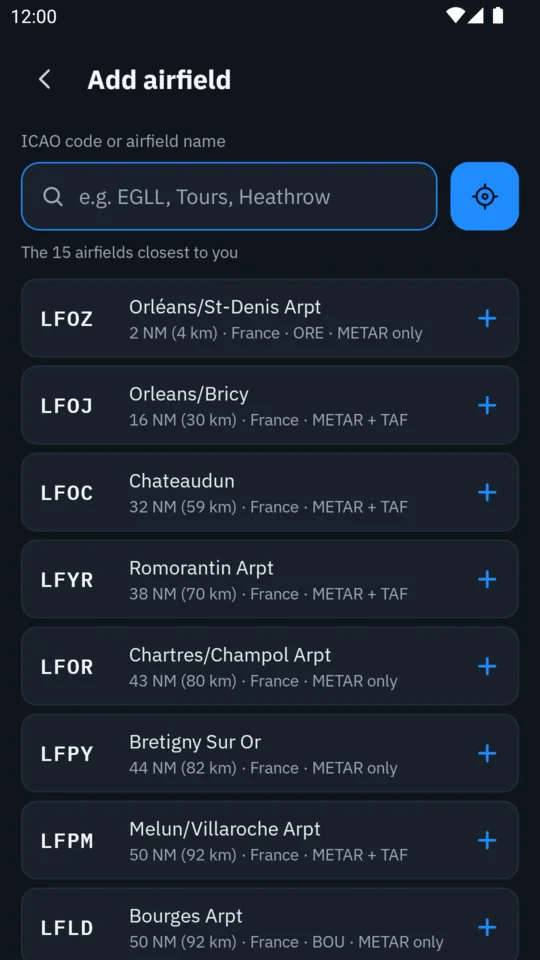 Search screen listing the 15 nearest airfields with their distance in NM